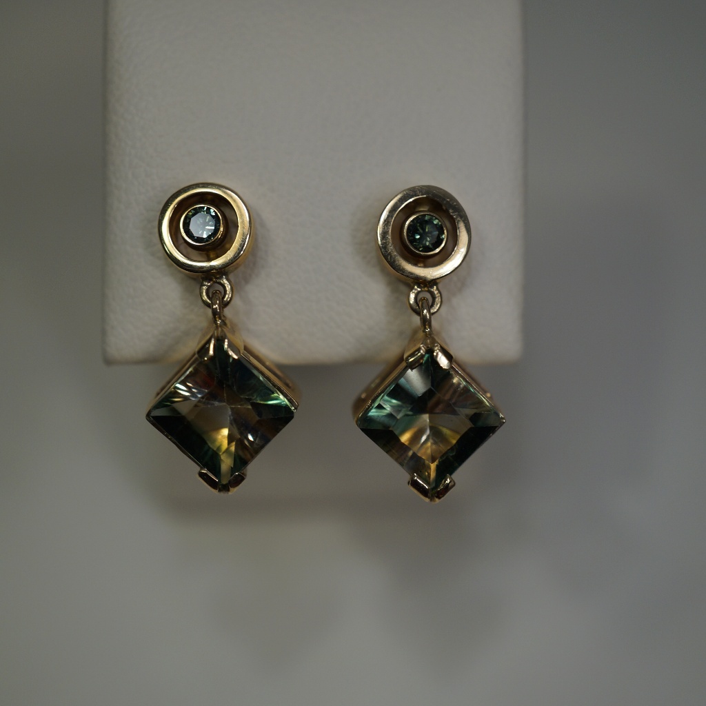 14ky Genuine Ametrine & Green Diamond Hm Earrings